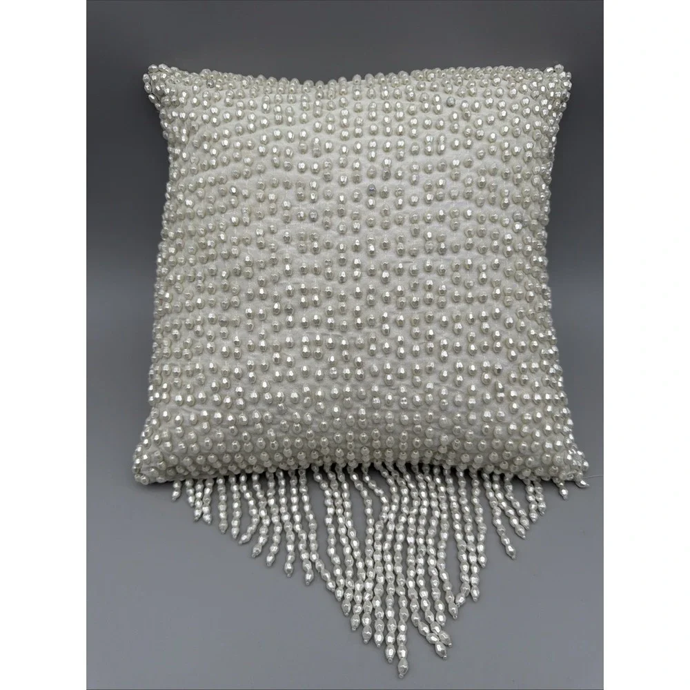 Ivory Pearl Beaded Accent Pillows 2 Fringe 11x11 Glam Hollywood Regency Decor *